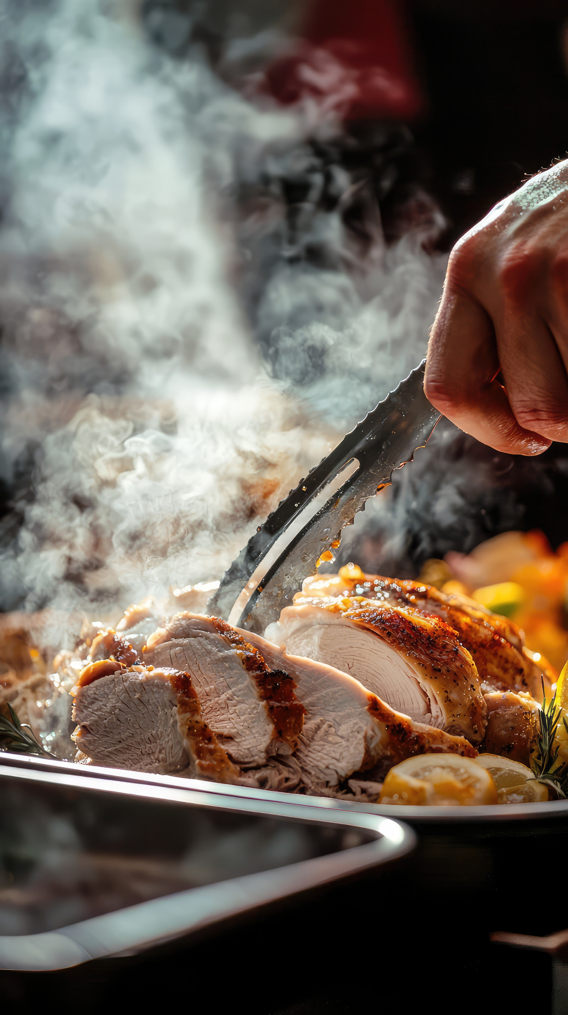 Frisch aufgeschnittener Braten mit aufsteigendem Dampf